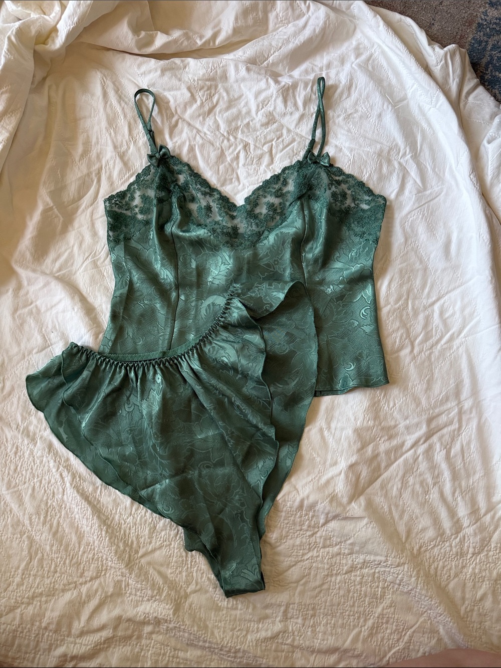 Vintage Lace-Trim Green Satin Cami & Panty Set